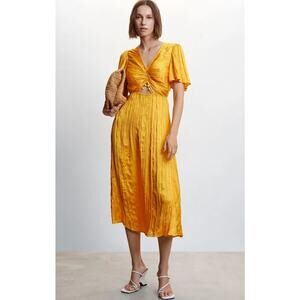 MANGO Side-slit Satin Midi Dress Yellow Beach Coastal Vacation Women's 8 New